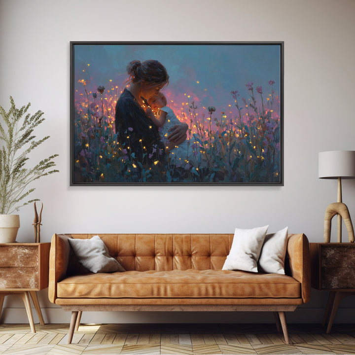 Glowing Mother And Infant Wildflower Canvas Print, Romantic Wall Art, Feminine Nursery Decor, Gift For Her, Cozy Wall Decor