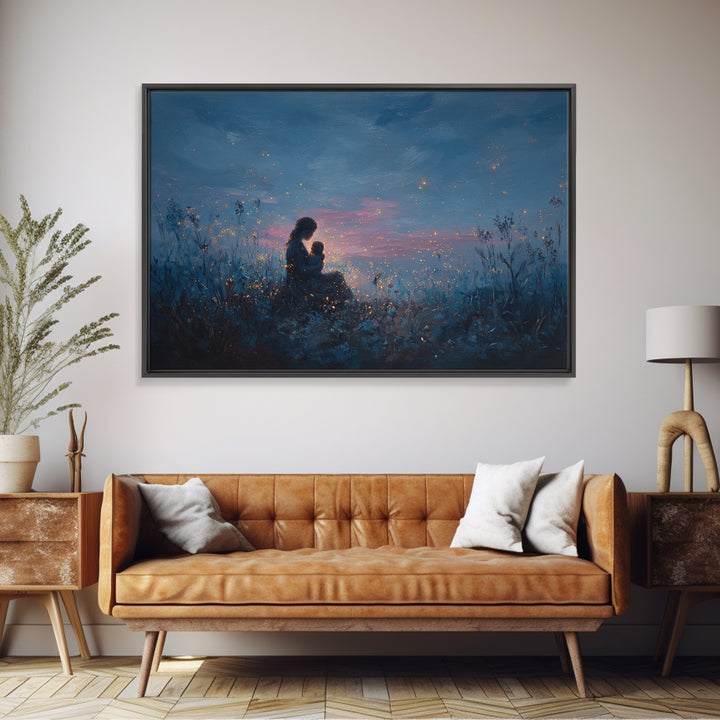 Moonlit Mother And Baby Firefly Wall Art, Celestial Canvas Wall Art, Moody Nursery Decor, Fantasy Art, Gift For Her, Bedroom Decor