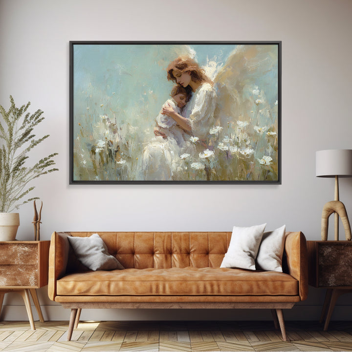 Guardian Angel And Child Daisy Canvas Print, Christian Wall Art, Spiritual Nursery Decor, Feminine Art, Gift For Her, Home Decor