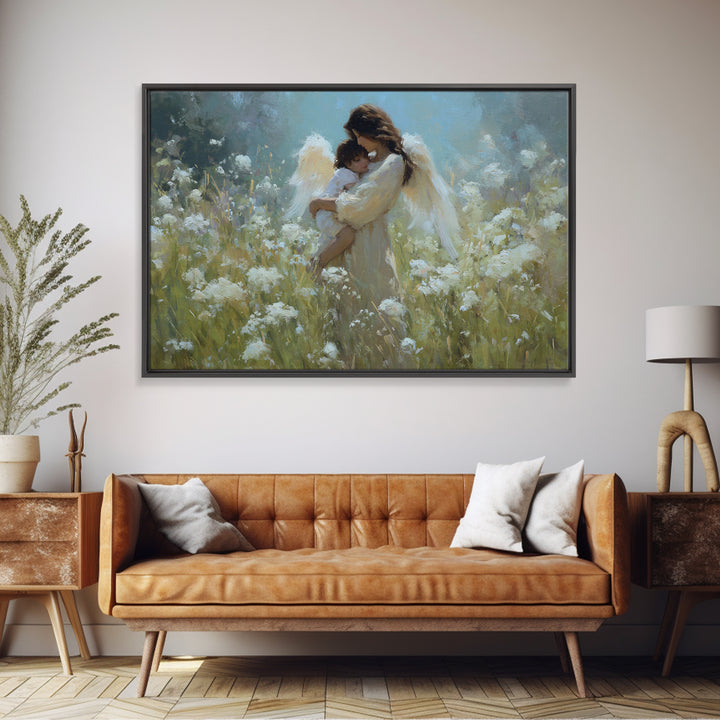 Protective Angel Mother And Baby Wall Art, Christian Nursery Decor, Spiritual Canvas Wall Art, Gift For Mom, Fine Home Decor