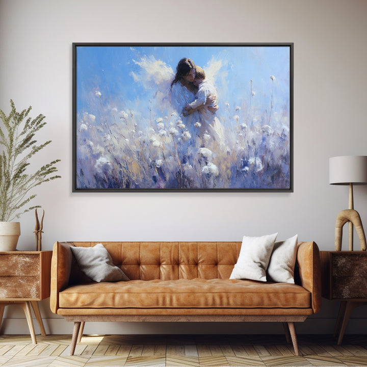 Blue Guardian Angel Mother And Child In Cotton Field Wall Art, Christian Nursery Decor, Motherhood Gift, Fine Art Print, Home Decor