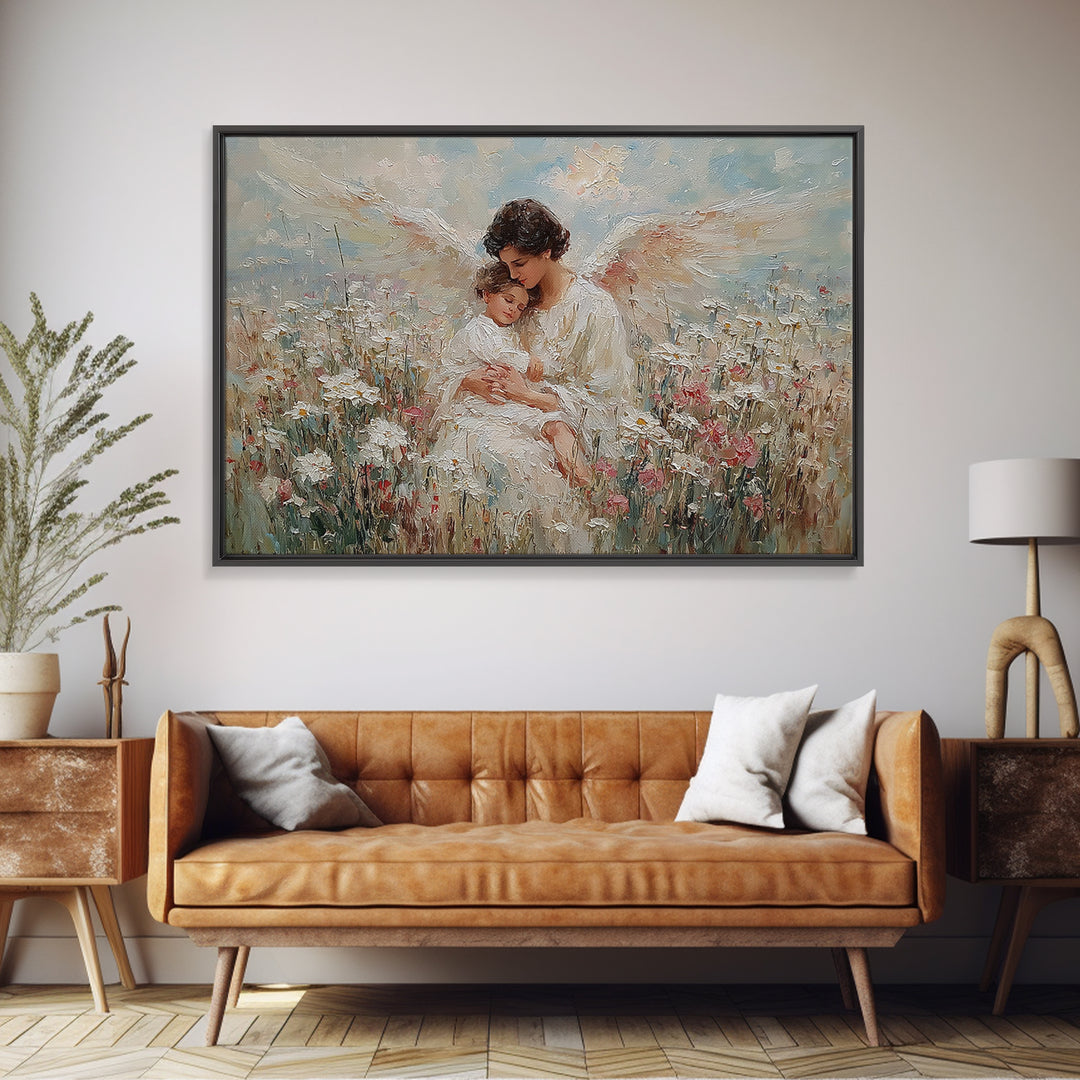 Textured Guardian Angel With Sleeping Child In Daisy Meadow Framed Canvas Print, Christian Wall Art, Nursery Decor, Gift