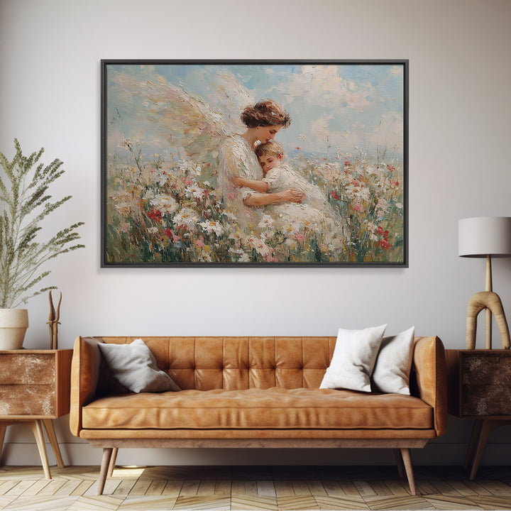 Sunlit Guardian Angel Embracing Child In Wildflower Meadow Canvas Print, Christian Wall Art, Motherhood Gift, Nursery Decor