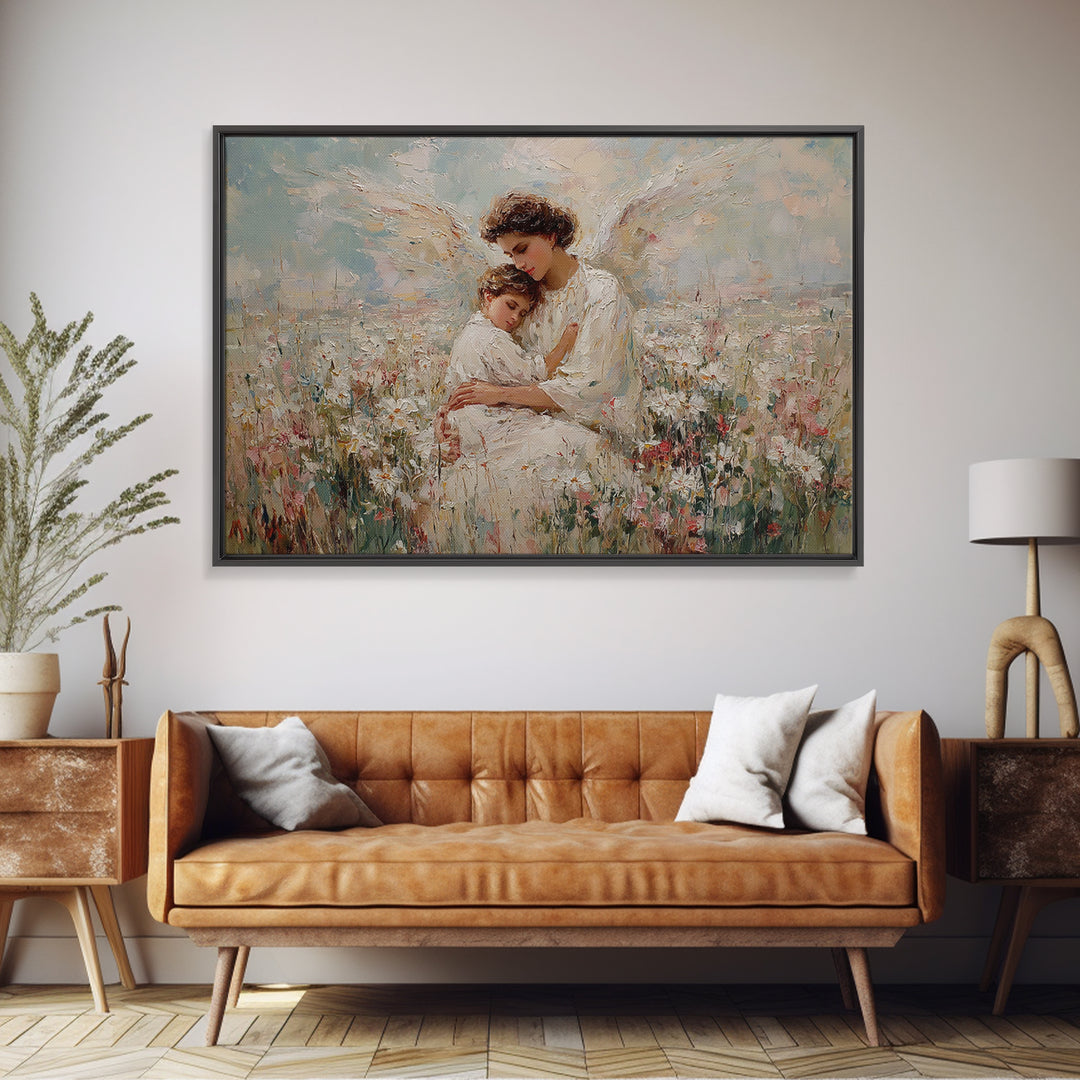 Pastel Guardian Angel Holding Child In Blooming Meadow Wall Art, Christian Nursery Decor, Motherhood Gift, Framed Art Print