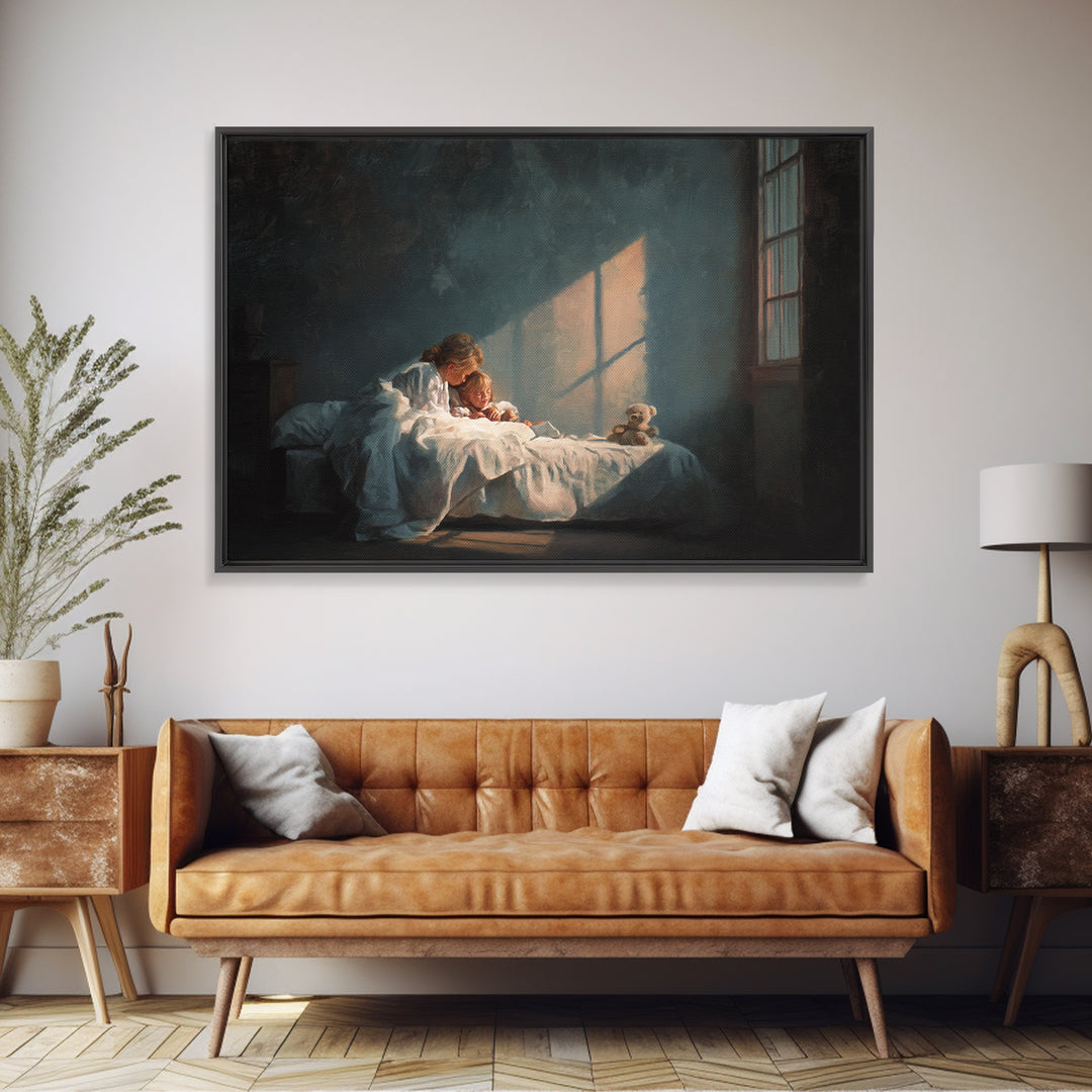 Bedtime Mother And Child In Moonlit Bedroom Framed Canvas Print, Nursery Wall Art, Cozy Home Decor, Mothers Day Gift, Bedroom Decor