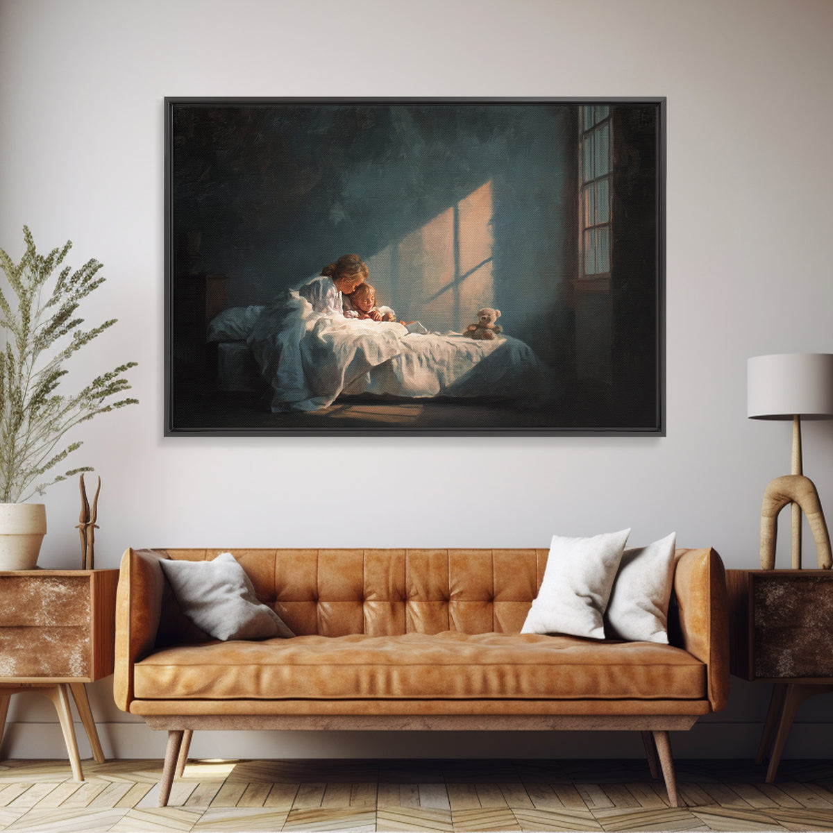 Bedtime Mother And Child In Moonlit Bedroom Framed Canvas Print, Nursery Wall Art, Cozy Home Decor, Mothers Day Gift, Bedroom Decor