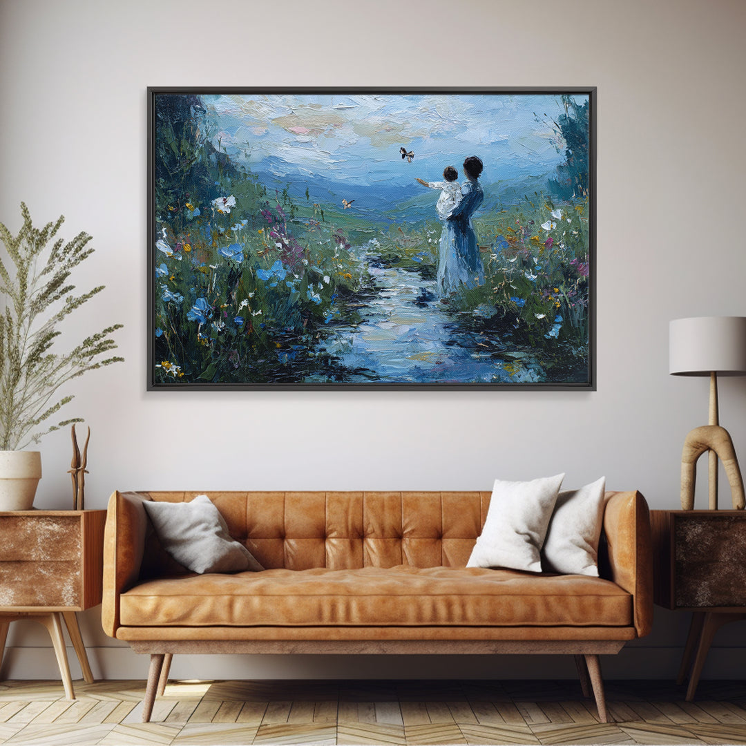 Mother And Child Watching Butterflies By Mountain Stream Canvas Print, Nature Wall Art, Christian Nursery Decor, Housewarming Gift