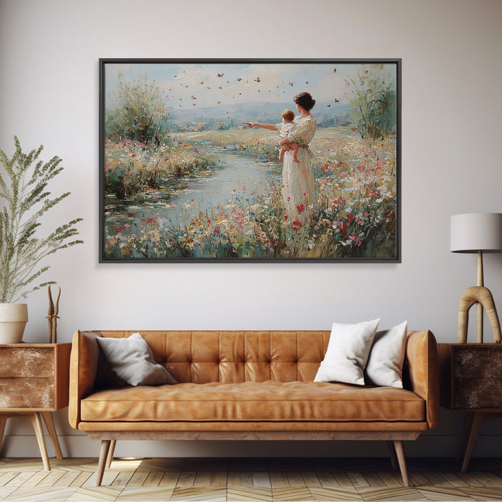 Mother And Baby Beside River Pointing At Butterflies Wall Art, Landscape Painting, Christian Nursery Decor, Gift For Mom