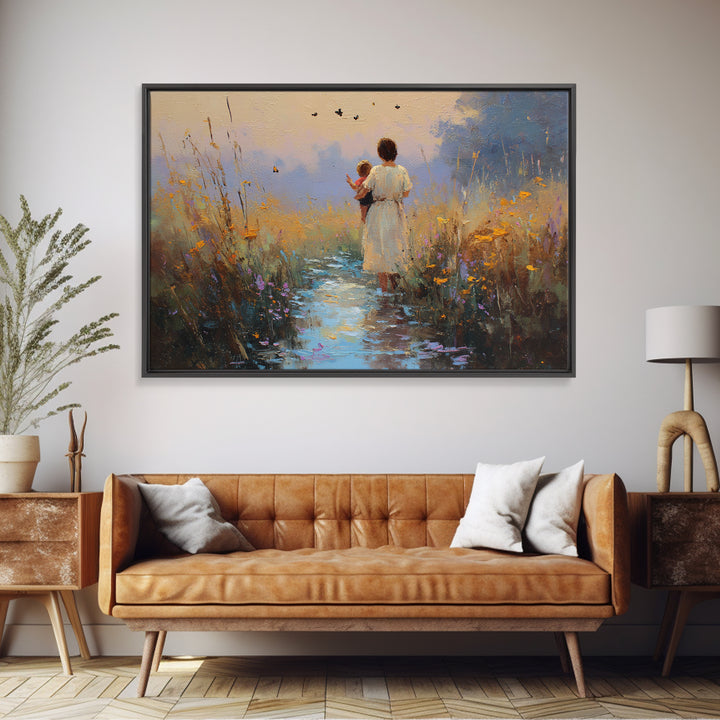 Mother And Child On Twilight Marsh Path Framed Canvas Print, Sunset Landscape Wall Art, Nursery Decor, Mothers Day Gift, Home Decor