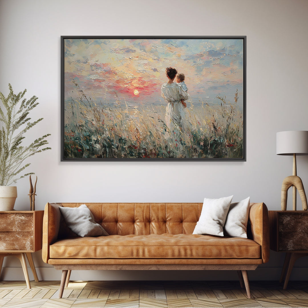 Mother And Baby Watching Ocean Sunset Canvas Print, Coastal Wall Art, Seascape Painting, Nursery Decor, Gift For Her, Bedroom Decor