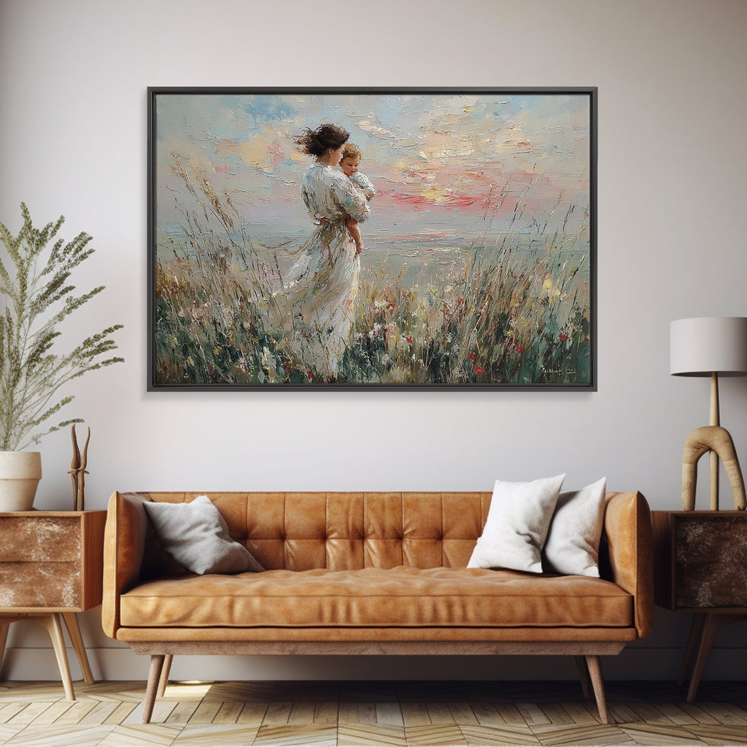 Mother And Child By Wildflower Coast Canvas Print, Impressionist Beach Wall Art, Mothers Day Gift, Nursery Decor, Living Room Decor