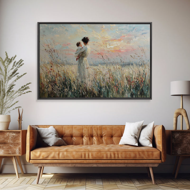 Mother Holding Baby In Wild Grass Framed Canvas Print, Coastal Wall Art, Impressionist Nursery Decor, Gift For Her, Home Decor