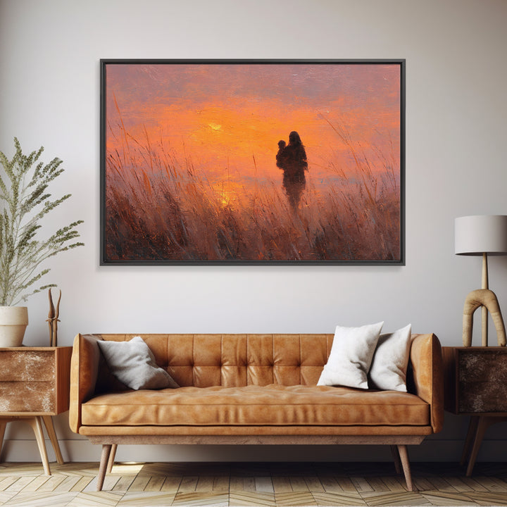 Mother And Baby Silhouette At Orange Sunset Wall Art, Warm Landscape Painting, Mothers Day Gift, Bedroom Decor, Boho Wall Decor