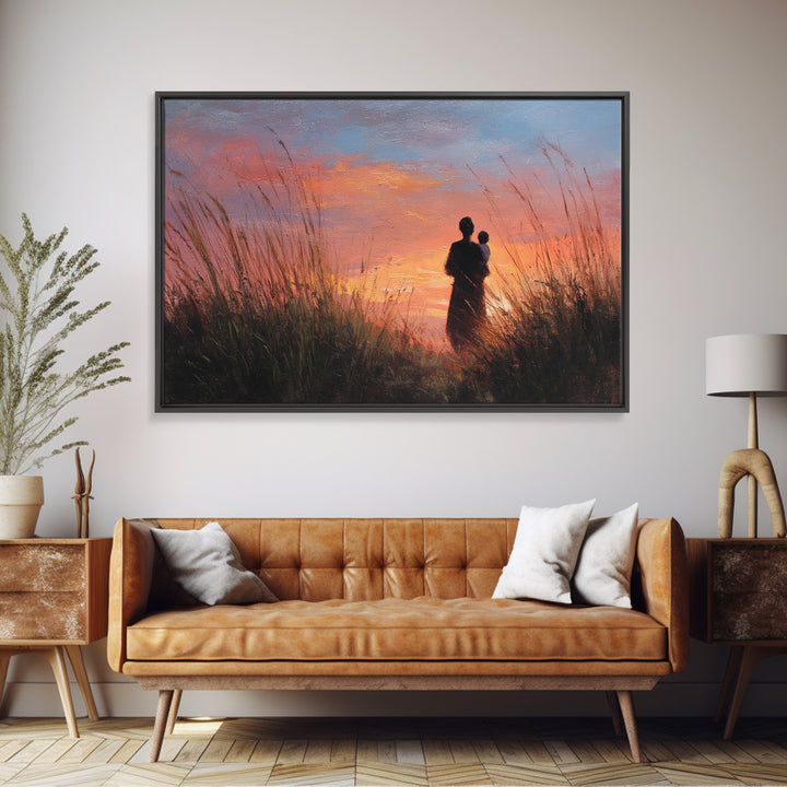 Mother And Baby Sunset Silhouette Framed Canvas Print, Moody Landscape Wall Art, Above Bed Decor, Gift For Her, Living Room Art