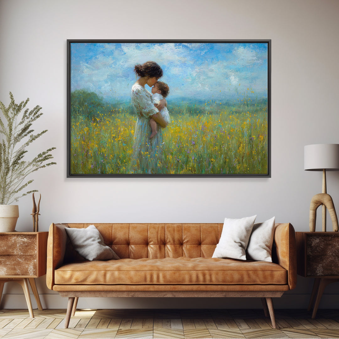 Tender Mother And Baby In Blue Meadow Wall Art, Impressionist Oil Painting, Nursery Decor, Mothers Day Gift, Fine Art Print