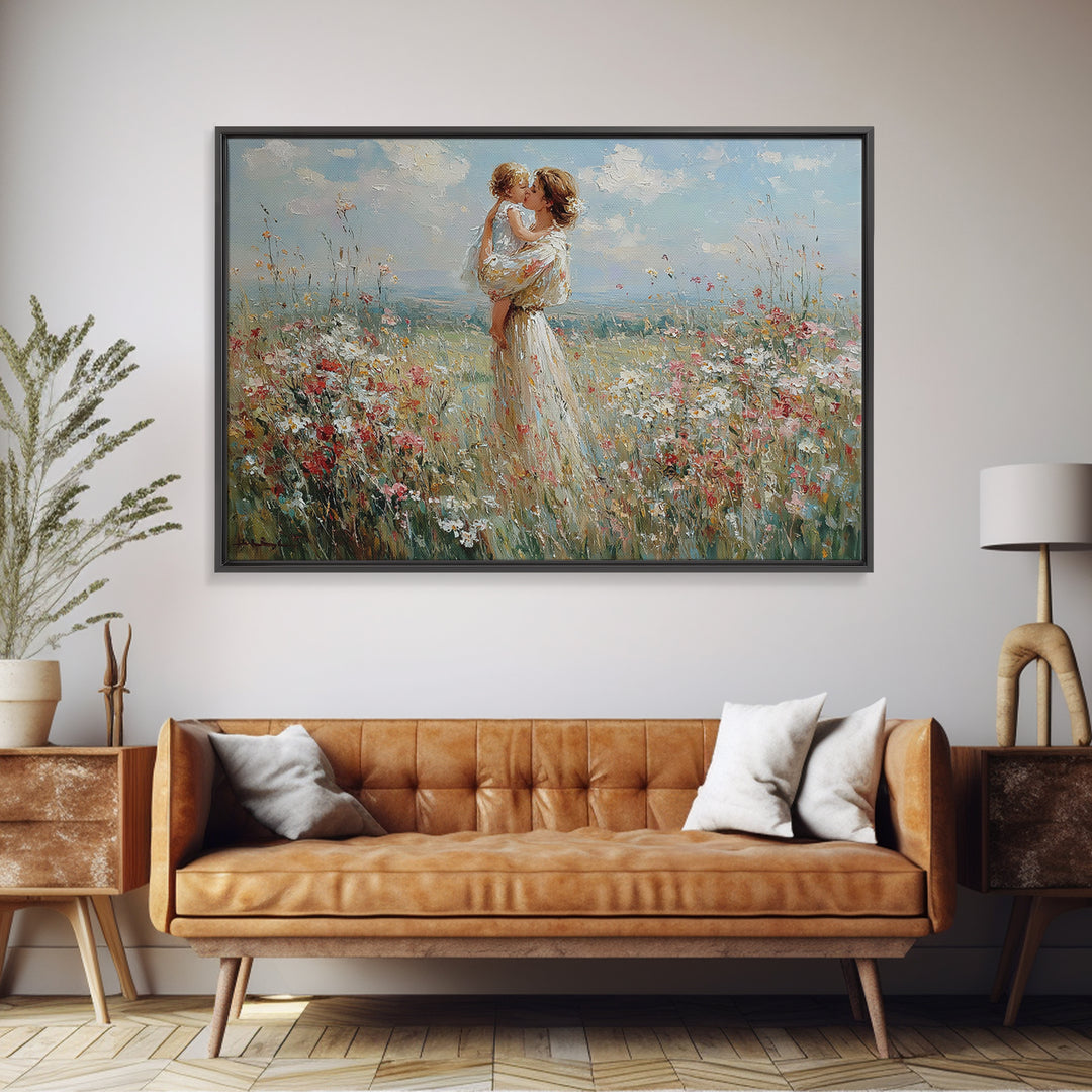 Mother Lifting Baby Among Summer Wildflowers Canvas Print, Floral Wall Art, Nursery Decor, Mothers Day Gift, Home Decor Art Print