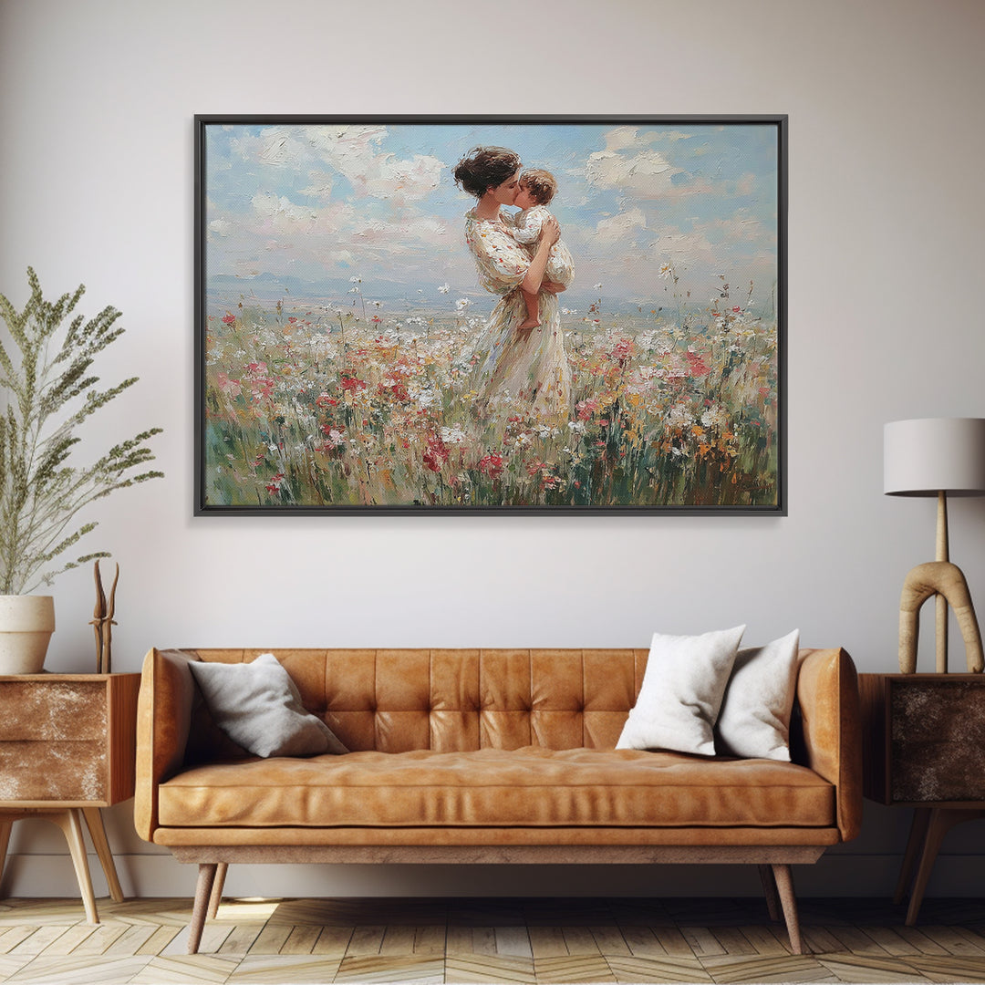 Mother Holding Toddler In Pastel Wildflower Field Framed Canvas Print, Floral Wall Art, Nursery Decor, Mothers Day Gift, Gift For Her