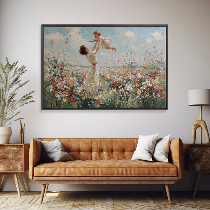 Mother Lifting Child In Wildflower Meadow Wall Art, Impressionist Floral Landscape, Nursery Decor, Gift For Mom, Canvas Print