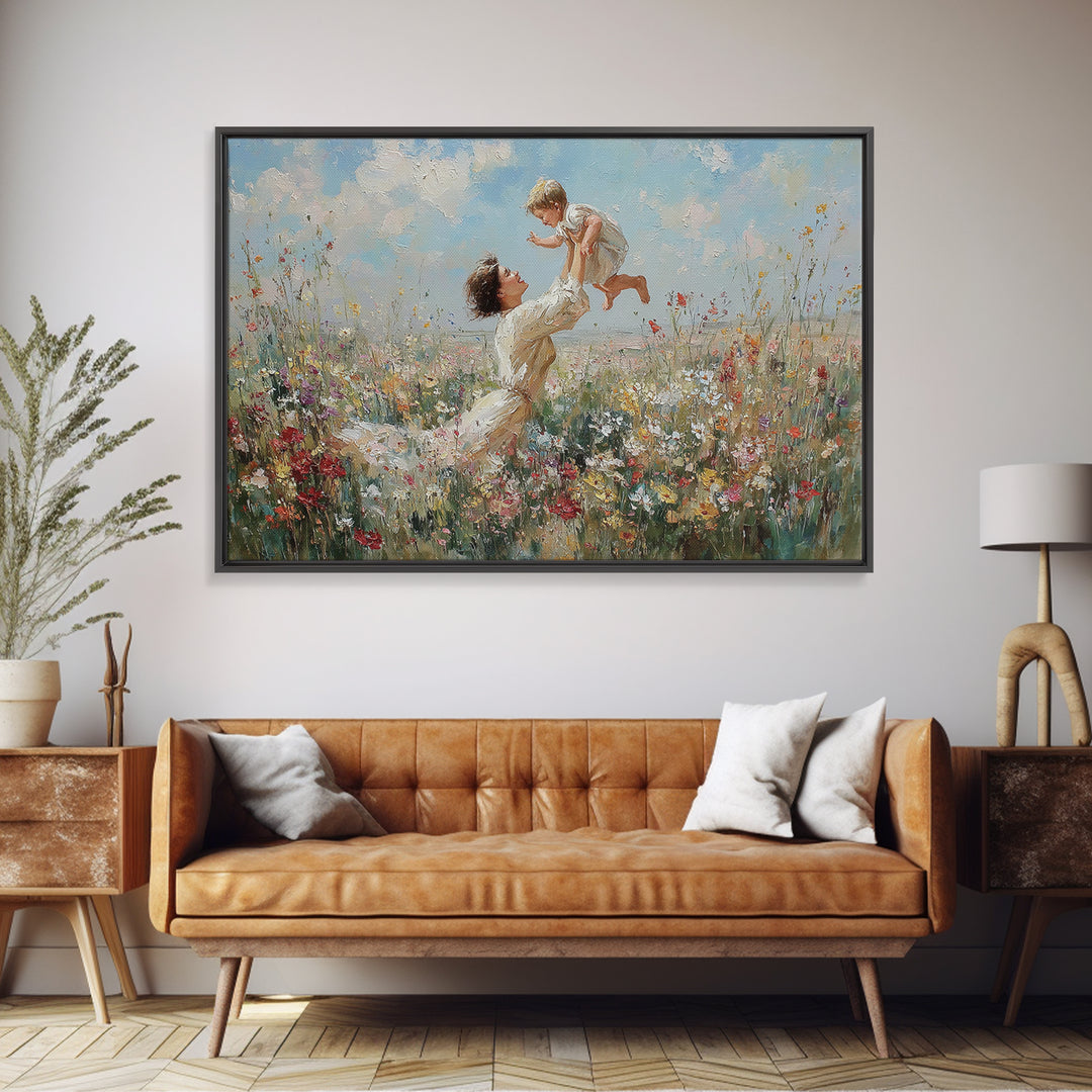 Mother Raising Baby Above White Wildflowers Framed Canvas Print, Impressionist Meadow Wall Art, Nursery Decor, Gift For Mom