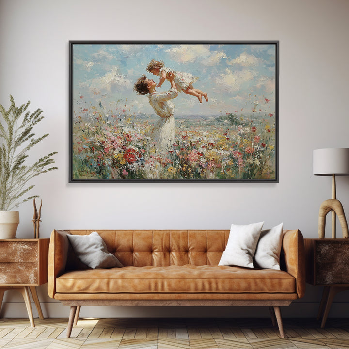 Mother Holding Child Over Blooming Meadow Wall Art, Impressionist Floral Landscape Canvas Print, Nursery Decor, Gift For Mom