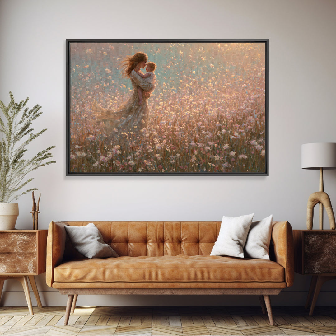 Mother Holding Baby In Pink Wildflower Field Wall Art, Romantic Impressionist Canvas Print, Nursery Decor, Gift For Mom, Feminine Art