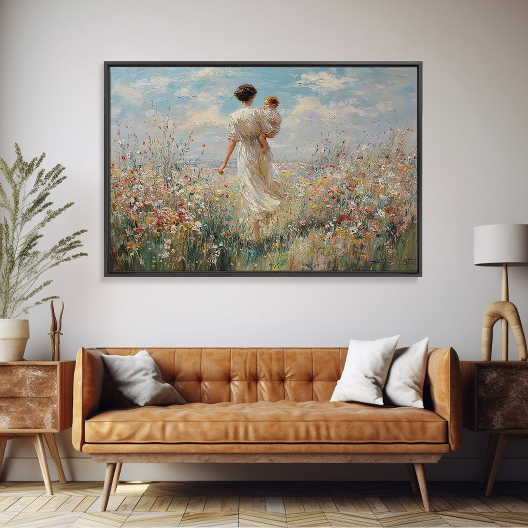 Mother Walking With Baby Through Wildflower Meadow Framed Canvas Print, Impressionist Landscape Wall Art, Nursery Decor, Gift For Mom