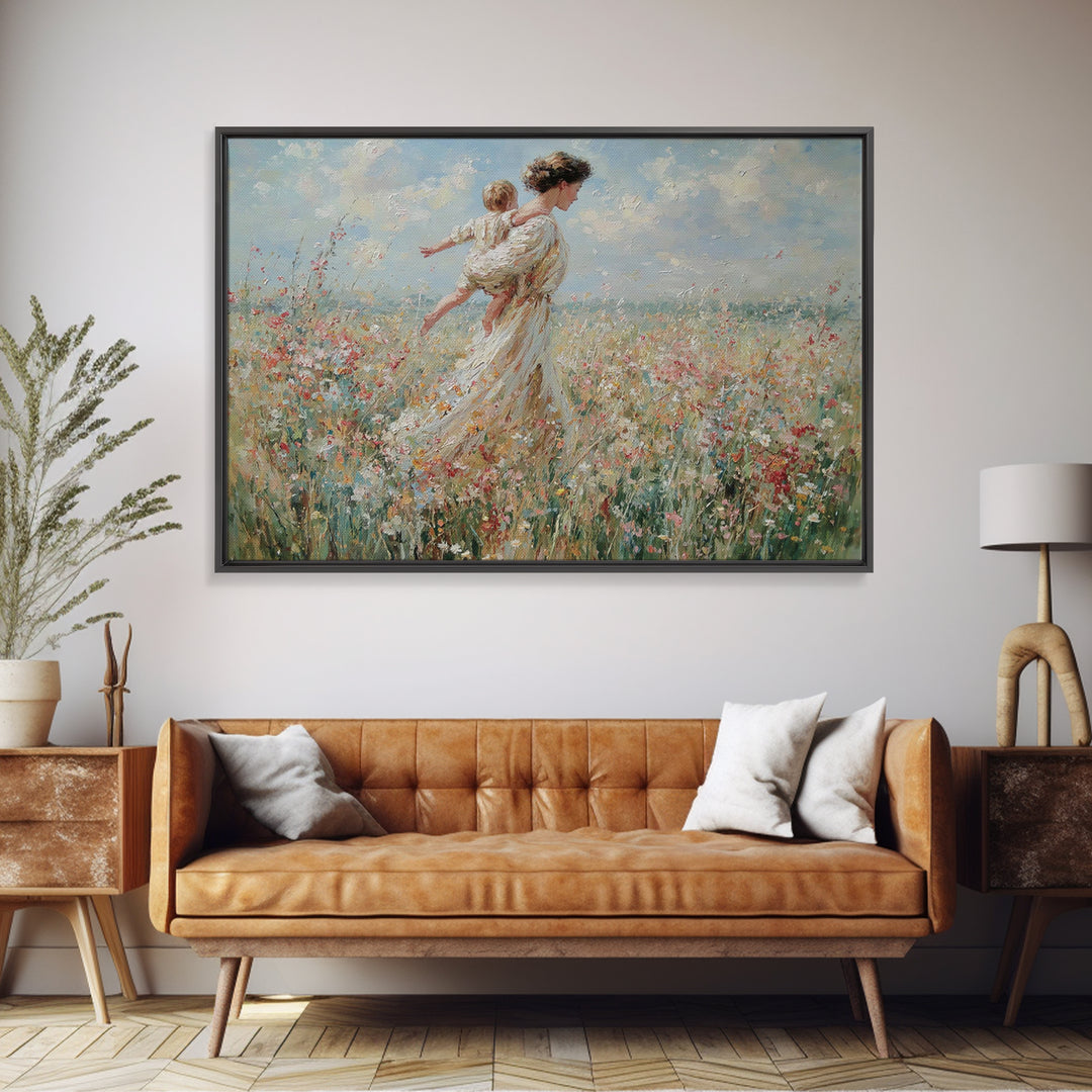 Mother Carrying Child Across Breezy Wildflower Field Wall Art, Impressionist Floral Landscape Canvas Print, Gift For Mom