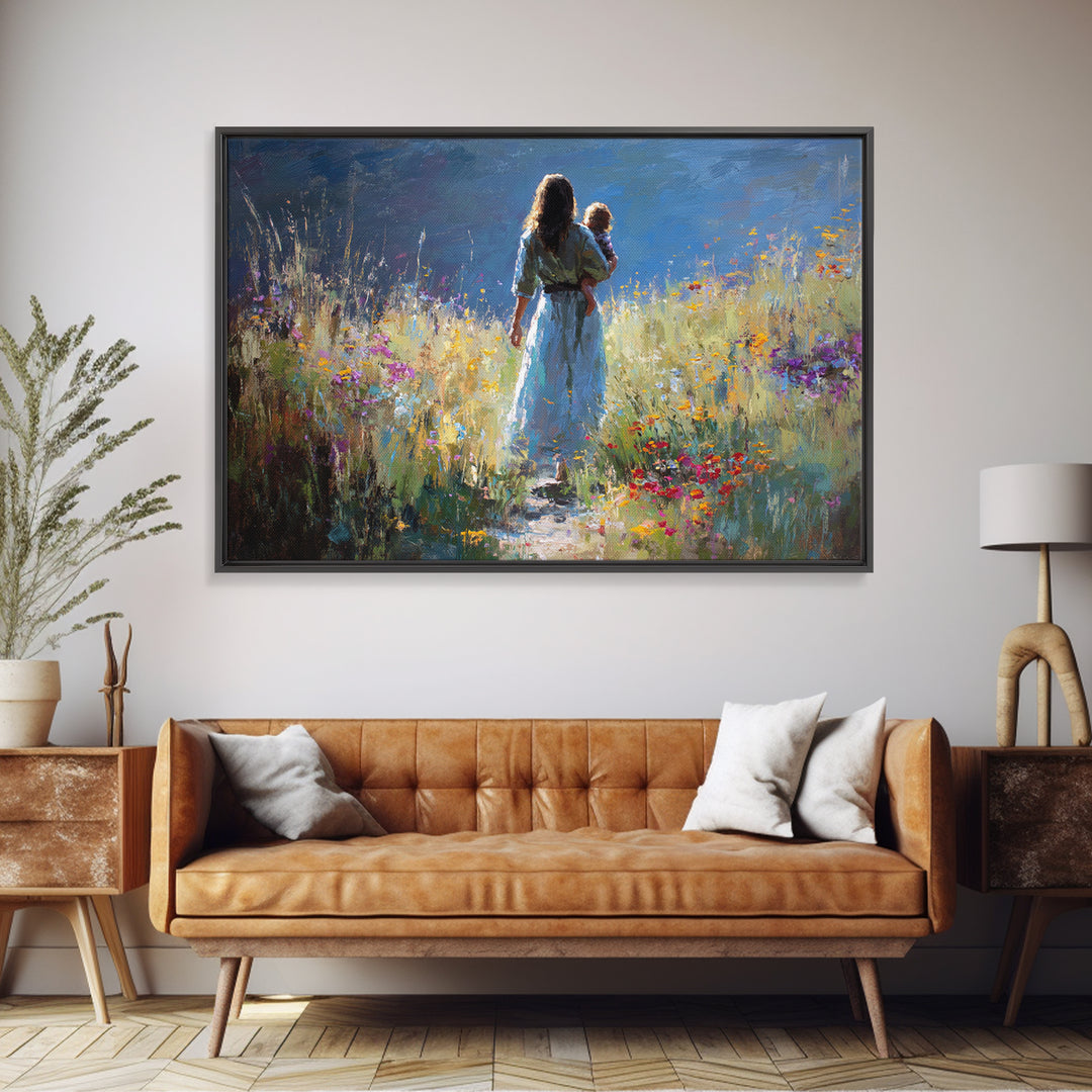 Mother And Child On Wildflower Path Wall Art, Impressionist Oil Painting Print, Feminine Nursery Decor, Gift For Mom, Living Room Decor
