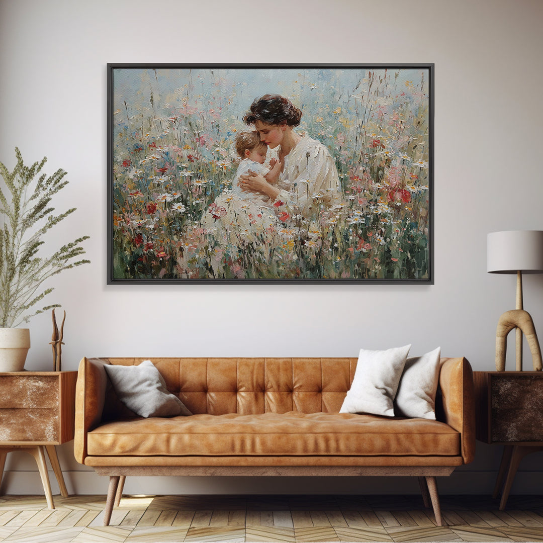 Seated Mother Cuddling Baby In Flower Field Wall Art, Impressionist Oil Painting Print, Feminine Nursery Decor, Gift For Mom