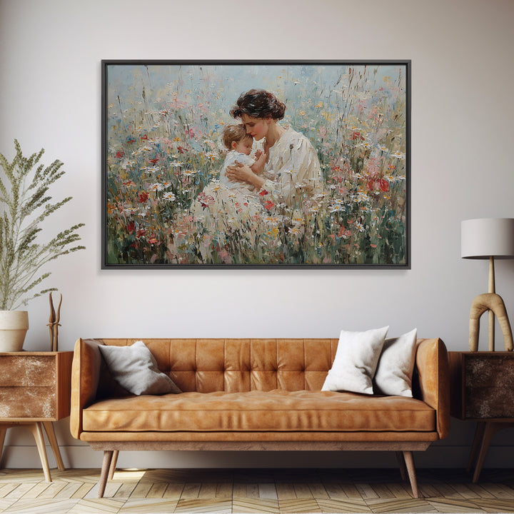 Seated Mother Cuddling Baby In Flower Field Wall Art, Impressionist Oil Painting Print, Feminine Nursery Decor, Gift For Mom