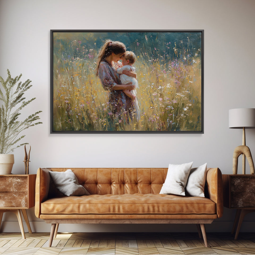 Sunlit Mother Holding Baby In Golden Meadow Framed Canvas Print, Impressionist Floral Painting, Nursery Wall Art, Gift For Her