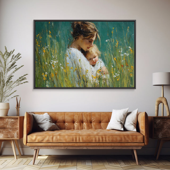 Tender Mother And Child Portrait In Green Meadow Wall Art, Impressionist Oil Painting, Feminine Nursery Decor, Gift For Mom