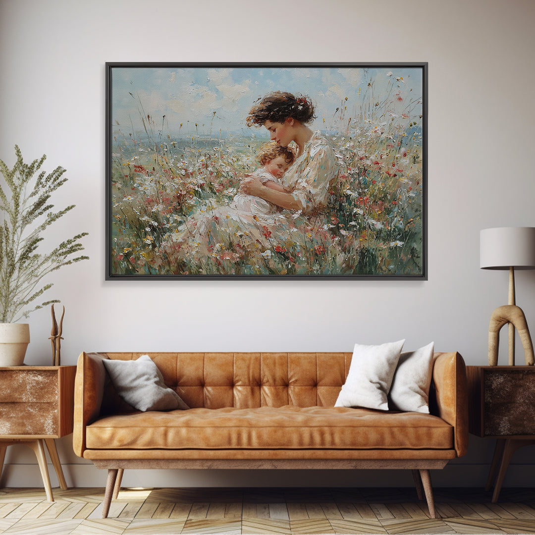 Mother Cradling Sleeping Child In Wildflowers Wall Art, Impressionist Floral Oil Painting, Nursery Decor, Gift For Her, Bedroom Decor