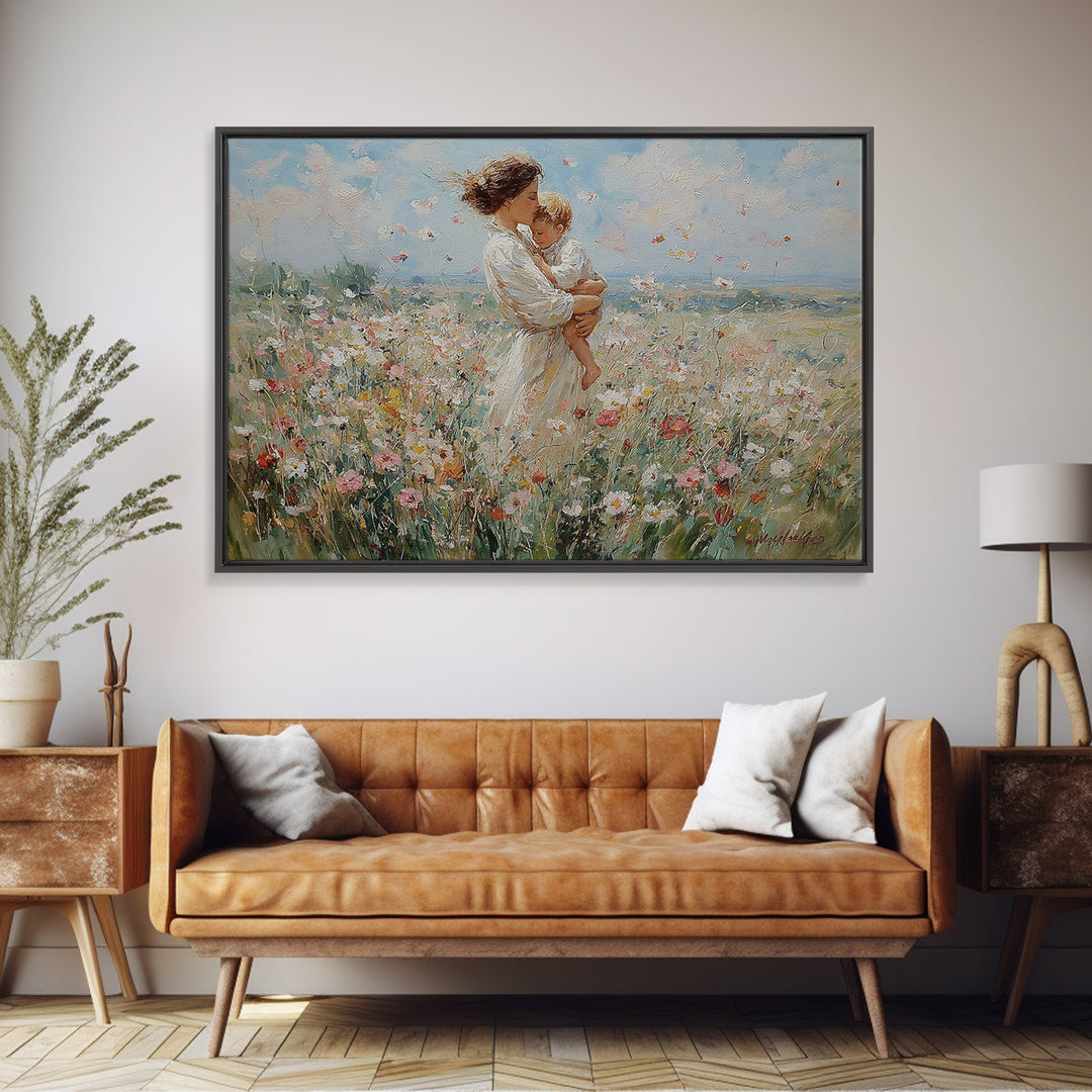 Standing Mother With Toddler In Flower Meadow Framed Canvas Print, Impressionist Landscape Painting, Nursery Wall Art, Gift For Mom