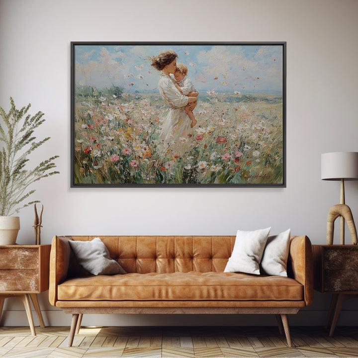 Standing Mother With Toddler In Flower Meadow Framed Canvas Print, Impressionist Landscape Painting, Nursery Wall Art, Gift For Mom