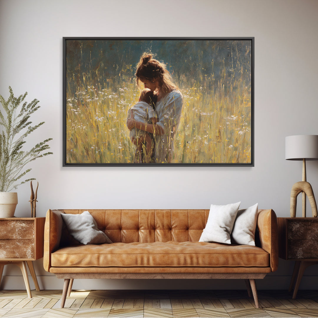Backlit Mother Nursing Baby In Golden Grass Wall Art, Moody Impressionist Oil Painting Print, Feminine Bedroom Decor, Gift For Mom