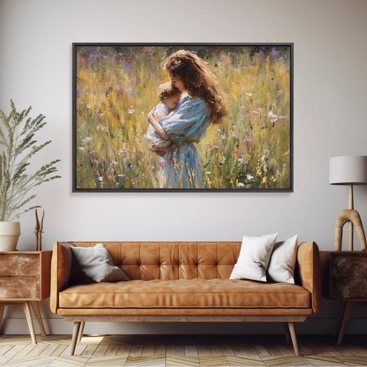 Long Haired Mother Cradling Baby In Wildflower Field Canvas Print, Impressionist Oil Painting, Feminine Wall Decor, Gift For Her