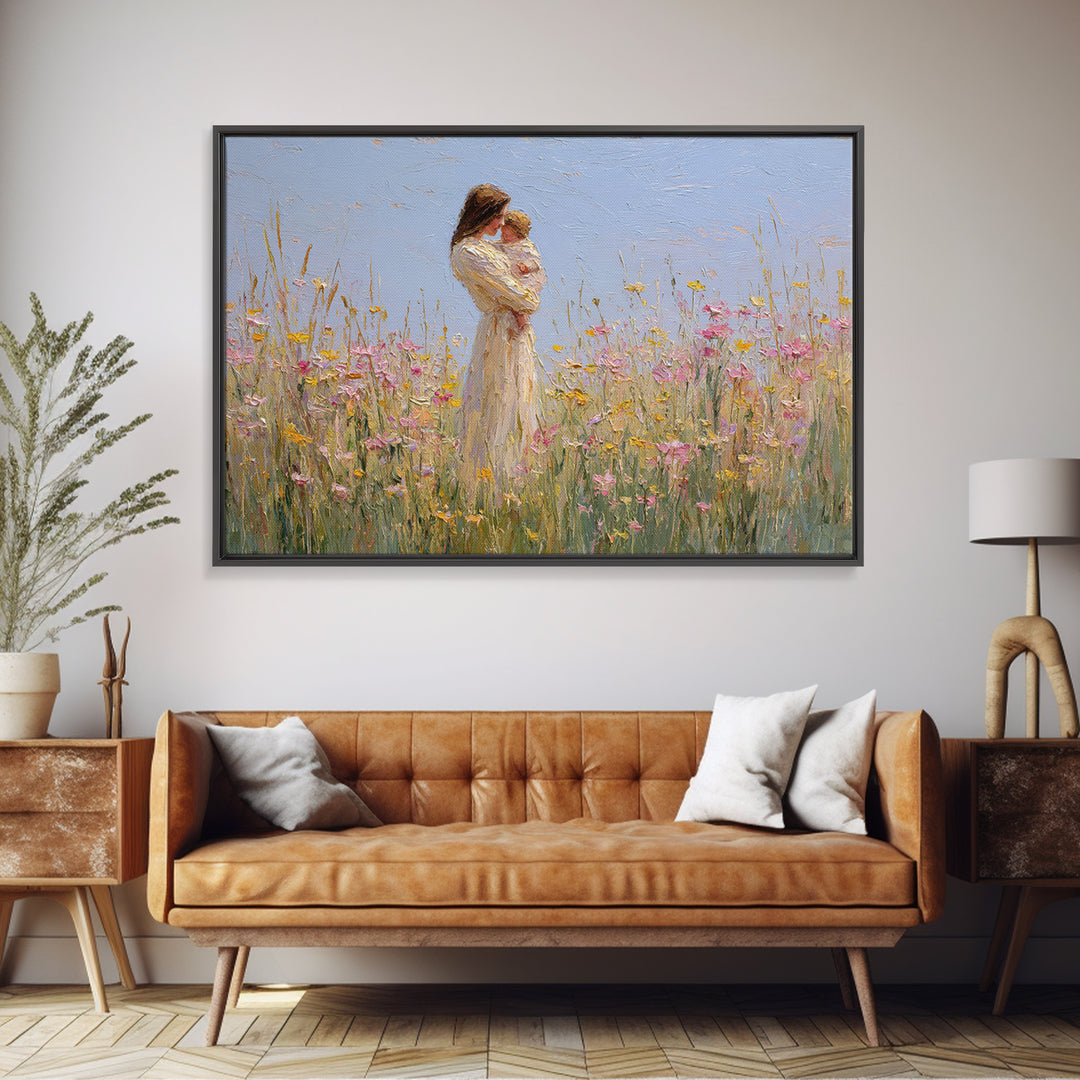 Mother Holding Baby By Wildflowers Framed Canvas Print, Soft Impressionist Painting, Nursery Wall Art, Floral Home Decor