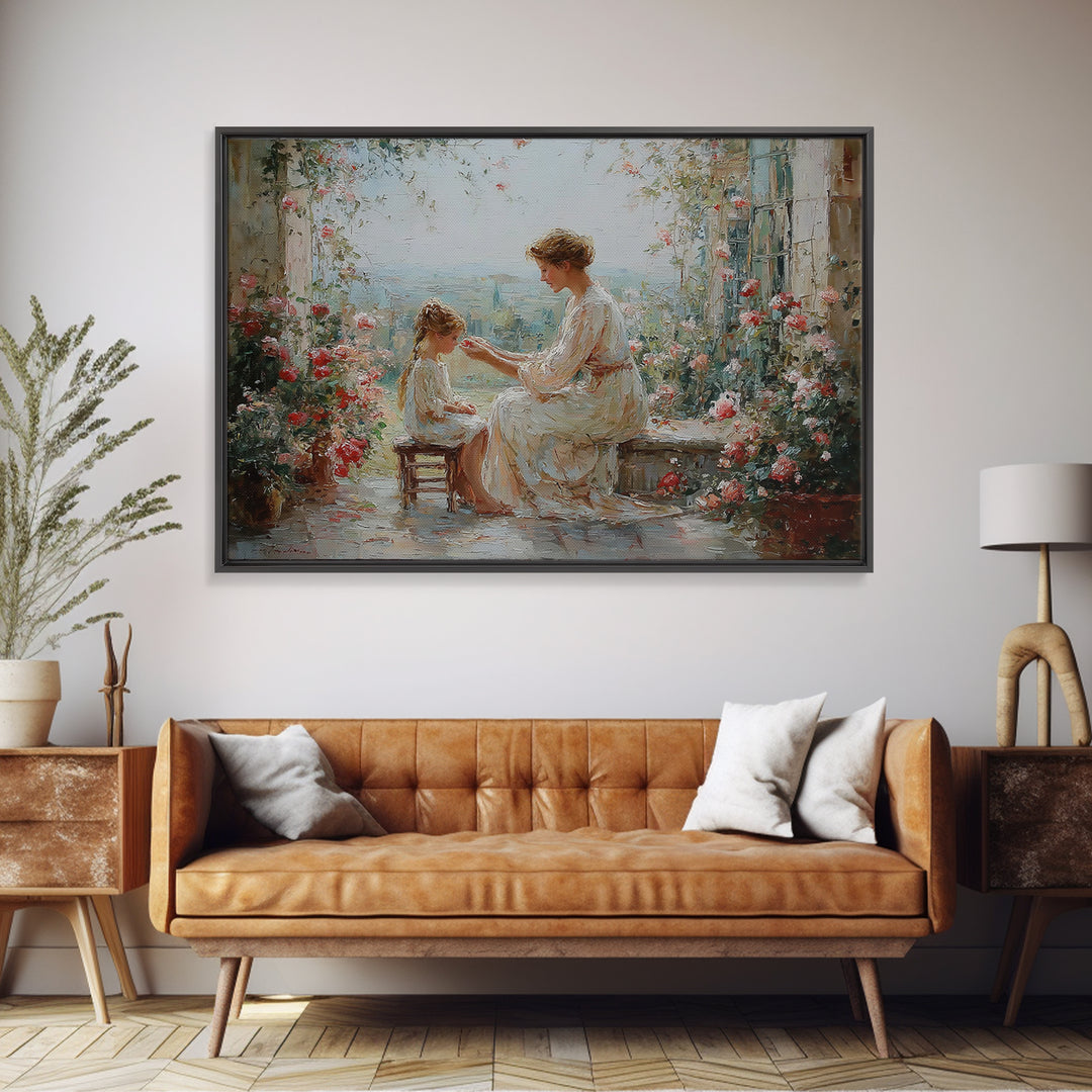 Mother And Daughter Garden Terrace Wall Art, Floral Impressionist Canvas, Nursery Decor, Gift For Mom, Bedroom Wall Decor
