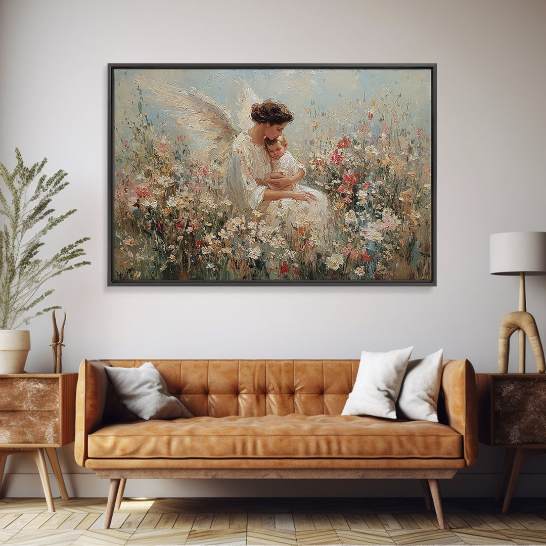 Guardian Angel Holding Baby Framed Canvas Print, Floral Meadow Wall Art, Christian Nursery Decor, Baptism Gift For Mom, Newborn Gift