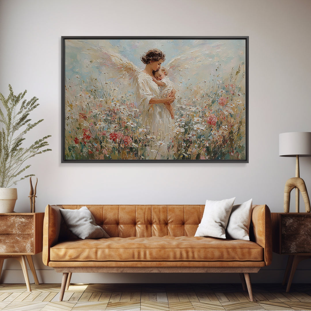 Angel Mother And Baby Wildflower Canvas Print, Christian Wall Art, Floral Nursery Decor, Baptism Gift, Peaceful Home Decor