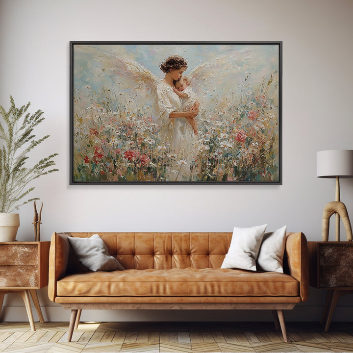Angel Mother And Baby Wildflower Canvas Print, Christian Wall Art, Floral Nursery Decor, Baptism Gift, Peaceful Home Decor