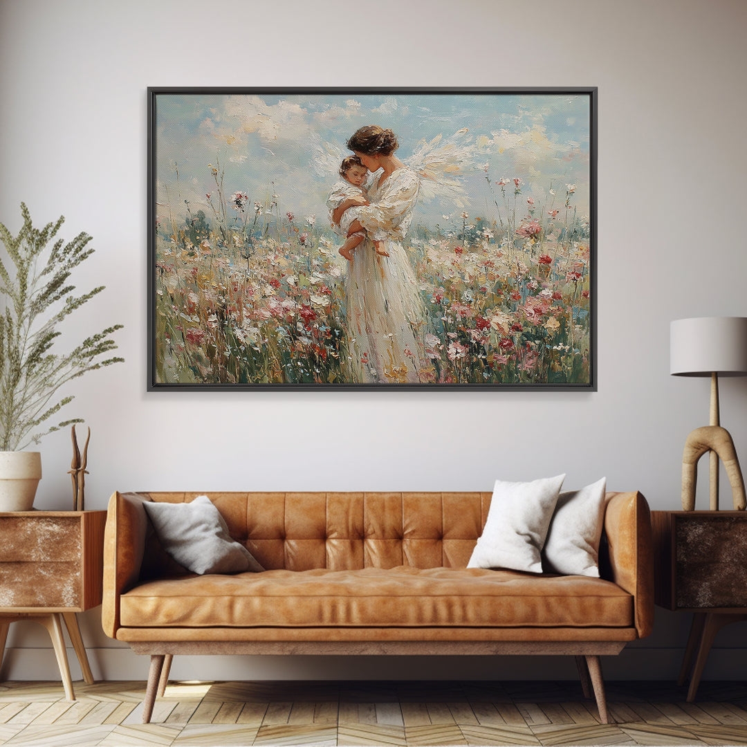 White Angel Holding Child Wall Art, Floral Meadow Canvas, Christian Nursery Decor, Baptism Gift, Guardian Angel Print For Baby Room