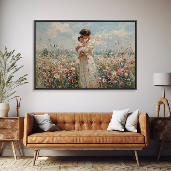 White Angel Holding Child Wall Art, Floral Meadow Canvas, Christian Nursery Decor, Baptism Gift, Guardian Angel Print For Baby Room