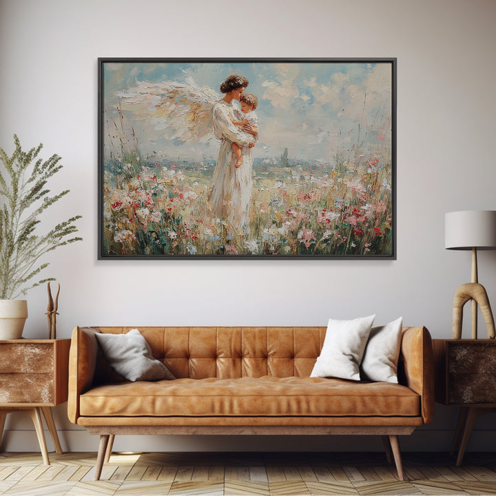 Angel And Child Floral Meadow Framed Canvas Print, Christian Wall Art, Guardian Angel Nursery Decor, Baptism Gift For Mom