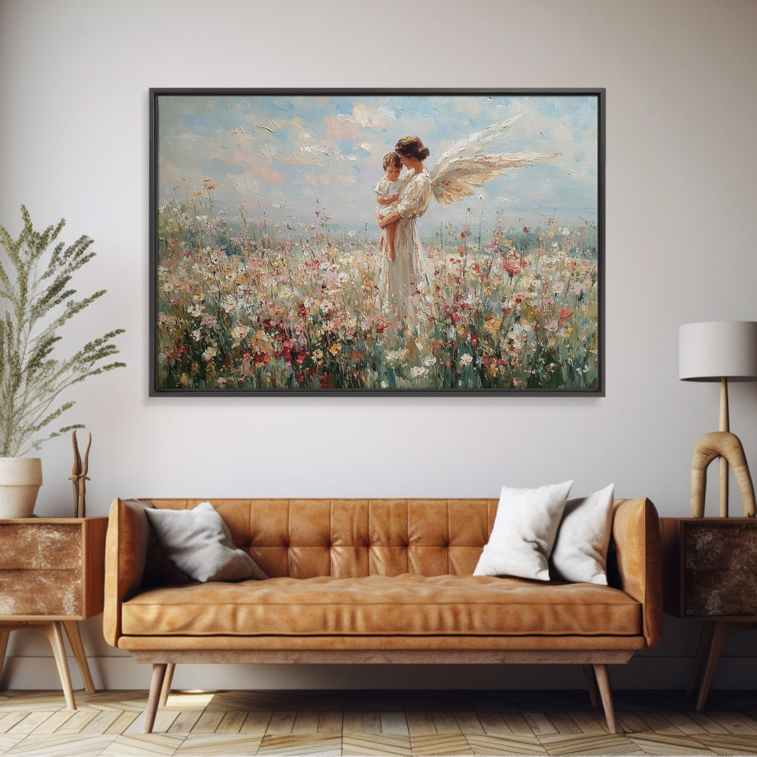 Guardian Angel And Baby Wildflower Wall Art, Christian Canvas Print, Floral Nursery Decor, Baptism Gift, Baby Shower Gift