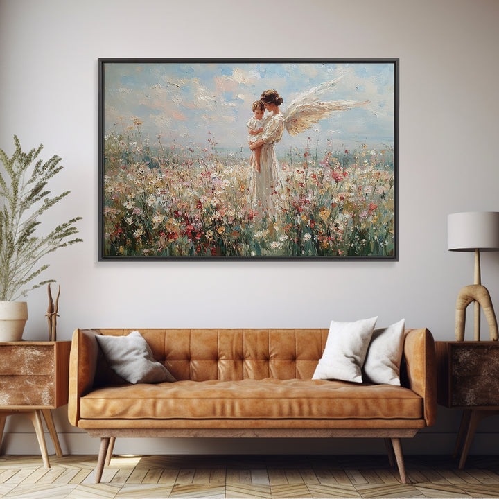 Guardian Angel And Baby Wildflower Wall Art, Christian Canvas Print, Floral Nursery Decor, Baptism Gift, Baby Shower Gift
