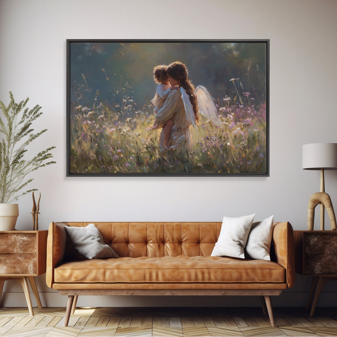 Backlit Angel Mother And Child Wall Art, Moody Wildflower Canvas Print, Christian Nursery Decor, Guardian Angel Gift For Mom