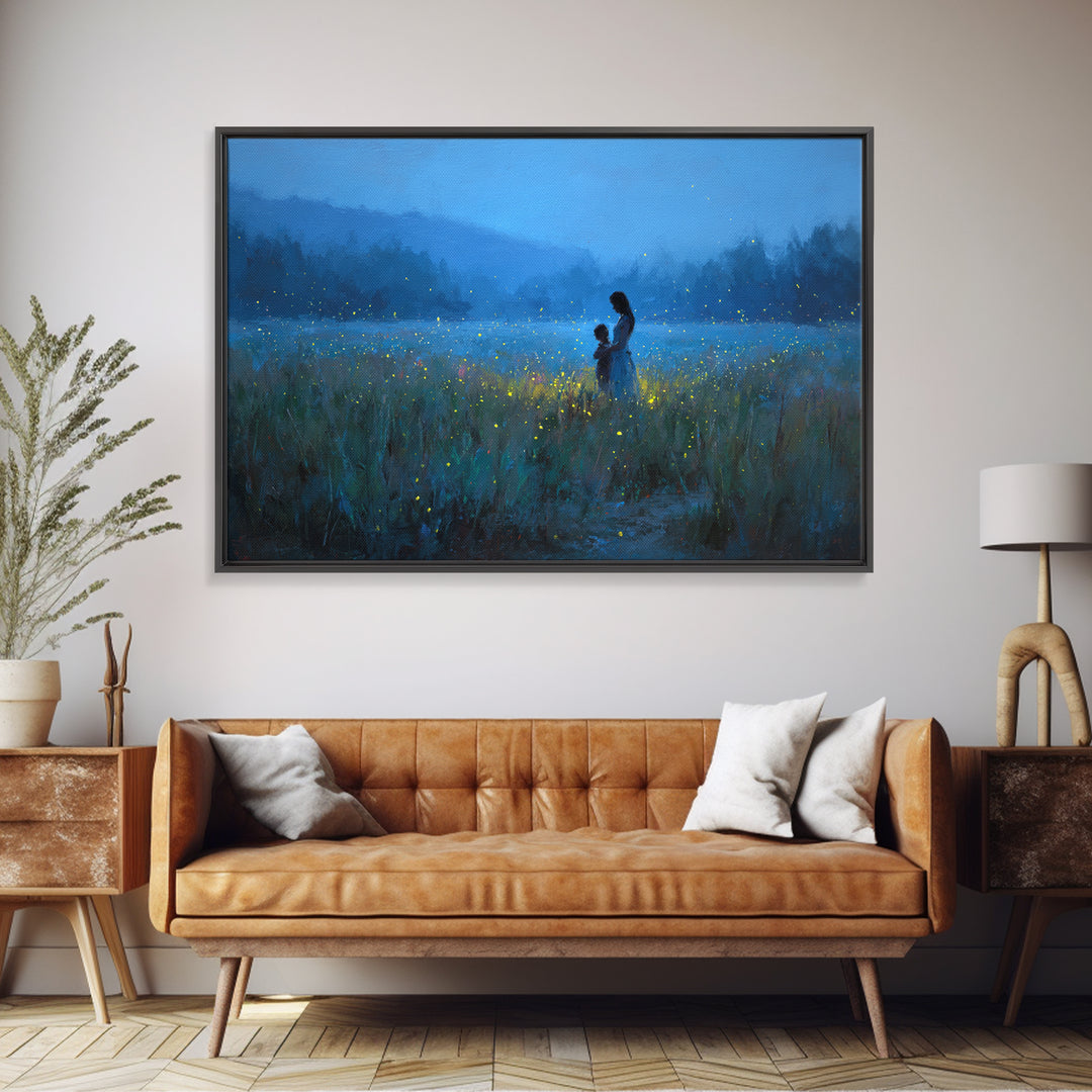 Blue Twilight Mother And Child Firefly Meadow Wall Art, Moody Landscape Canvas Print, Nursery Decor, Gift For Mom, Bedroom Wall Decor