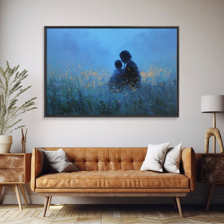 Mother And Baby In Blue Firefly Meadow Wall Art, Moody Nursery Canvas Print, Peaceful Bedroom Decor, Gift For Mom, Newborn Gift